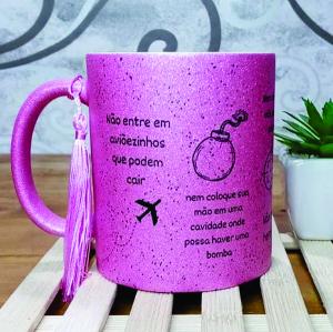 Caneca gliter rosa Porcelana 96x150mm Branca Sublimação  